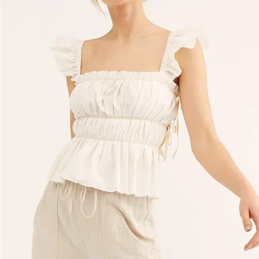 Free People White Ruffle Sleeve Blouse Size S 100% Cotton